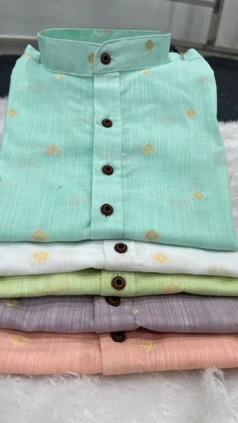 Authentic Lavender Linen Cotton Short Kurta with Jacquard Butta For Daily Wear Mens Shirt
