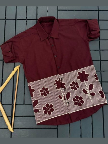 Authentic Maroon Dobby Cotton Embroidered Shirt for Men Casual Wear 