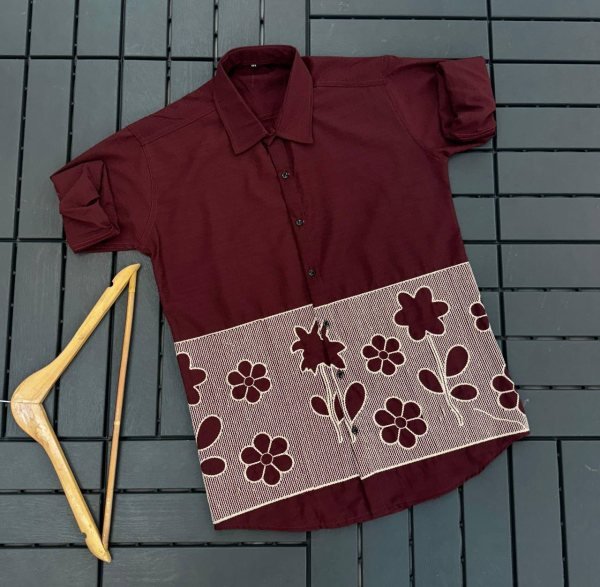 Authentic Maroon Dobby Cotton Embroidered Shirt for Men Casual Wear Mens Shirt