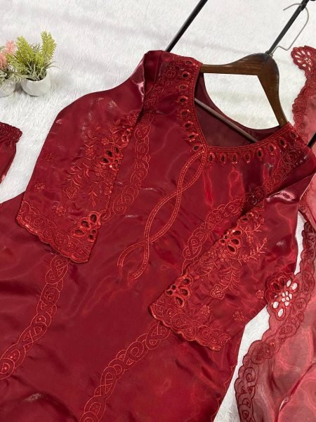 Authentic Maroon Fancy Embroidered Palazzo Suit Collection Ready To Wear Collection