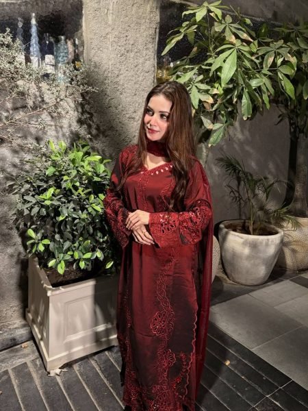 Authentic Maroon Fancy Embroidered Palazzo Suit Collection Ready To Wear Collection