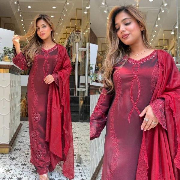 Authentic Maroon Fancy Embroidered Palazzo Suit Collection Ready To Wear Collection