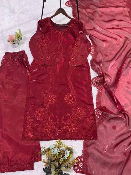 Authentic Maroon Fancy Embroidered Palazzo Suit Collection Ready To Wear Collection