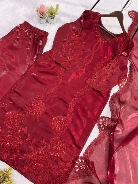 Authentic Maroon Fancy Embroidered Palazzo Suit Collection Ready To Wear Collection