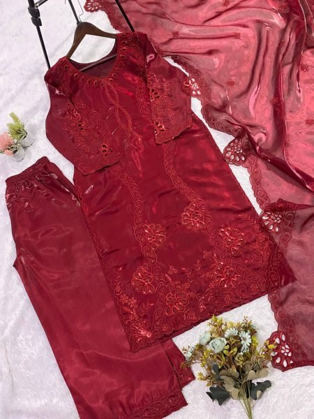 Authentic Maroon Fancy Embroidered Palazzo Suit Collection Ready To Wear Collection