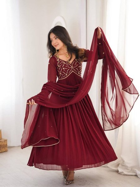 Authentic Maroon Faux Georgette Anarkali Gown for Wedding and Party Wear Ready To Wear Suit