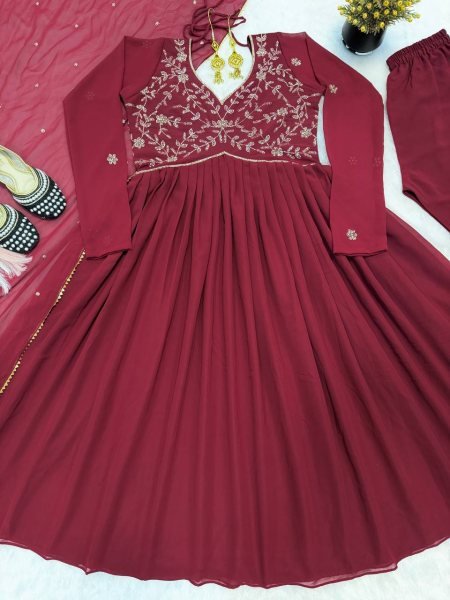 Authentic Maroon Faux Georgette Anarkali Gown for Wedding and Party Wear Ready To Wear Collection