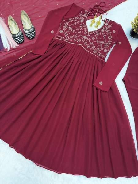 Authentic Maroon Faux Georgette Anarkali Gown for Wedding and Party Wear Ready To Wear Collection