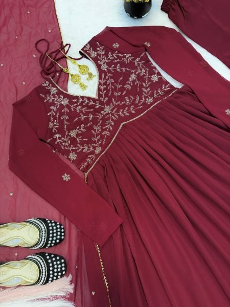 Authentic Maroon Faux Georgette Anarkali Gown for Wedding and Party Wear Ready To Wear Collection