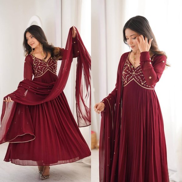 Authentic Maroon Faux Georgette Anarkali Gown for Wedding and Party Wear Ready To Wear Collection