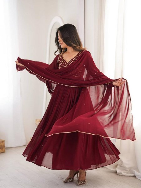 Authentic Maroon Faux Georgette Anarkali Gown for Wedding and Party Wear Ready To Wear Collection