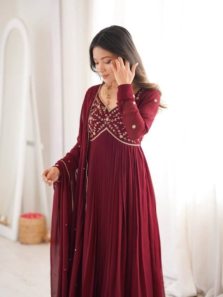 Authentic Maroon Faux Georgette Anarkali Gown for Wedding and Party Wear Ready To Wear Collection