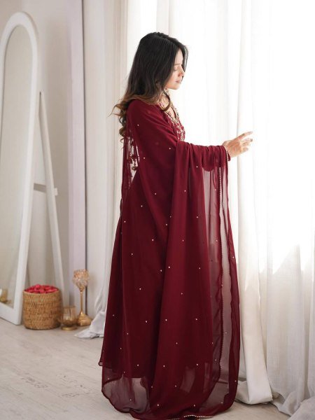 Authentic Maroon Faux Georgette Anarkali Gown for Wedding and Party Wear Ready To Wear Collection