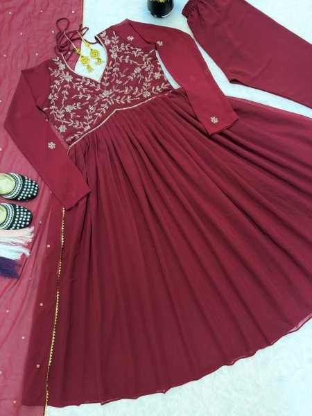 Authentic Maroon Faux Georgette Anarkali Gown for Wedding and Party Wear Ready To Wear Collection