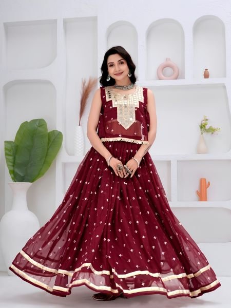 Authentic Maroon Georgette Navratri Lehenga Choli with Mirror Work Jacket at Direct Mill Price 