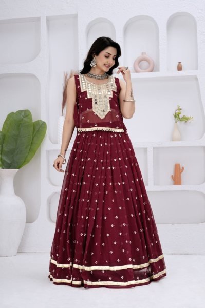 Authentic Maroon Georgette Navratri Lehenga Choli with Mirror Work Jacket at Direct Mill Price Navratri Lehnega Choli
