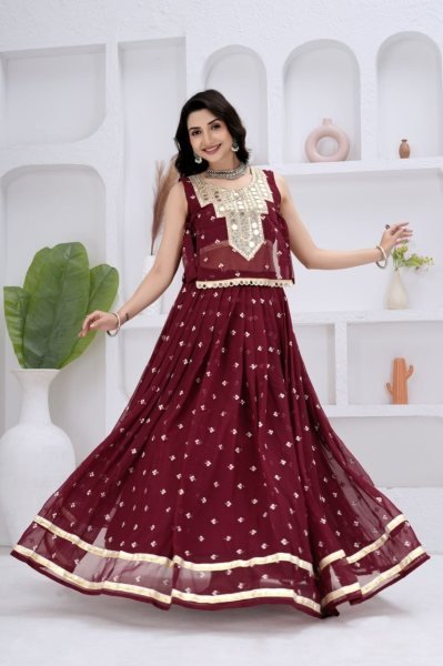 Authentic Maroon Georgette Navratri Lehenga Choli with Mirror Work Jacket at Direct Mill Price Navratri Lehnega Choli