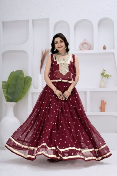 Authentic Maroon Georgette Navratri Lehenga Choli with Mirror Work Jacket at Direct Mill Price Navratri Lehnega Choli