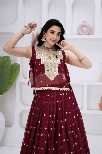 Authentic Maroon Georgette Navratri Lehenga Choli with Mirror Work Jacket at Direct Mill Price Navratri Lehnega Choli