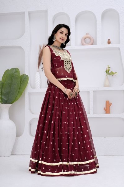 Authentic Maroon Georgette Navratri Lehenga Choli with Mirror Work Jacket at Direct Mill Price Navratri Lehnega Choli