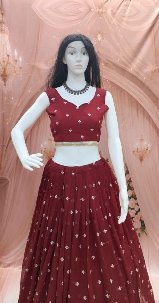 Authentic Maroon Georgette Navratri Lehenga Choli with Mirror Work Jacket at Direct Mill Price Navratri Lehnega Choli