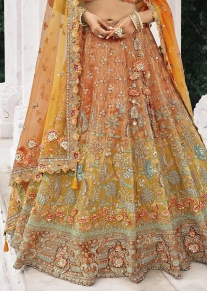 Authentic Orange Fancy Silk Lehenga with Embroidery Work for Wedding Wear Bridal Lehenga Choli
