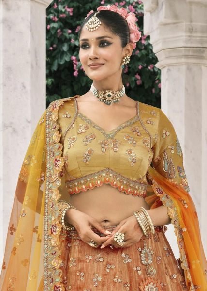 Authentic Orange Fancy Silk Lehenga with Embroidery Work for Wedding Wear Bridal Lehenga Choli