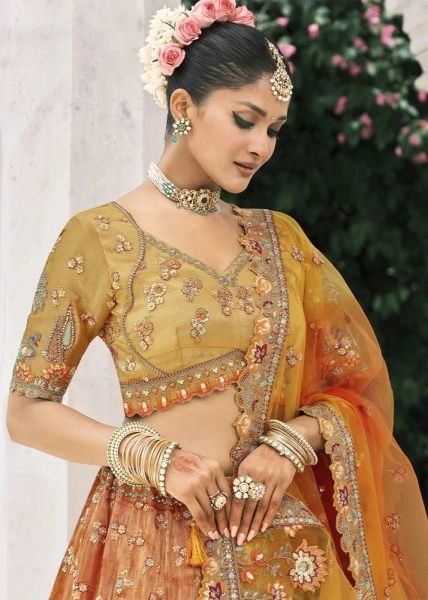 Authentic Orange Fancy Silk Lehenga with Embroidery Work for Wedding Wear Bridal Lehenga Choli