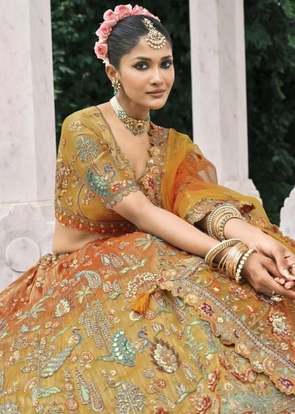 Authentic Orange Fancy Silk Lehenga with Embroidery Work for Wedding Wear Bridal Lehenga Choli