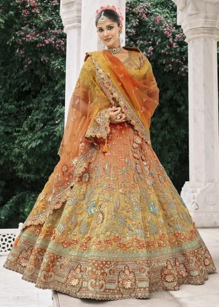 Authentic Orange Fancy Silk Lehenga with Embroidery Work for Wedding Wear Bridal Lehenga Choli