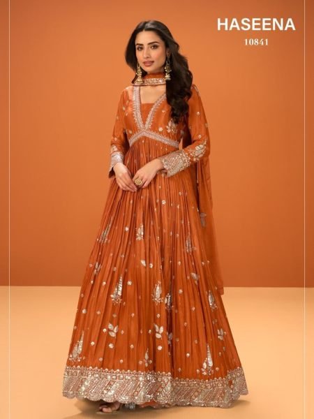 Authentic Orange Premium Chinnon Traditional Wear Set with Designer Dupatta 