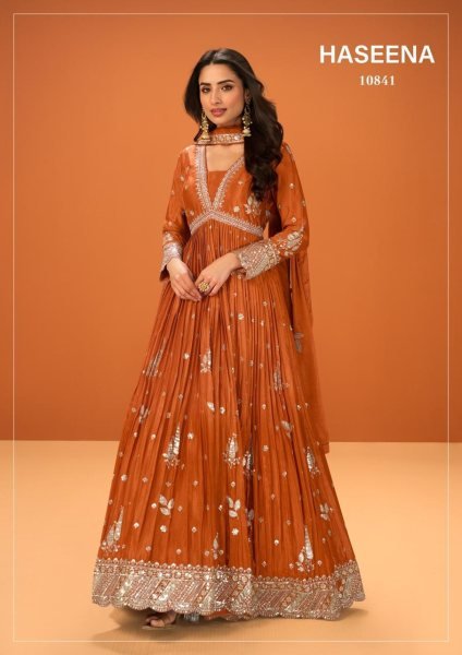 Authentic Orange Premium Chinnon Traditional Wear Set with Designer Dupatta Anarakali Gown Wholesale