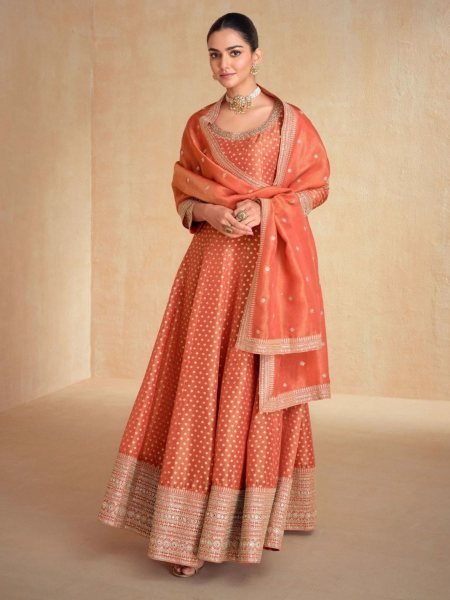 Authentic Orange Pure Organza Jacquard Silk Banarasi Suit with Matching Organza Dupatta 