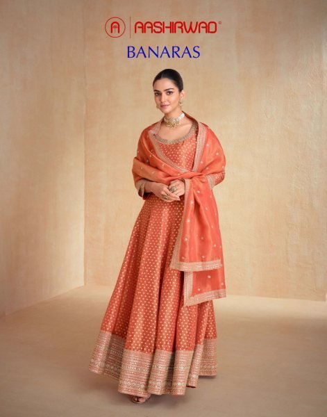 Authentic Orange Pure Organza Jacquard Silk Banarasi Suit with Matching Organza Dupatta Anarakali Gown Wholesale