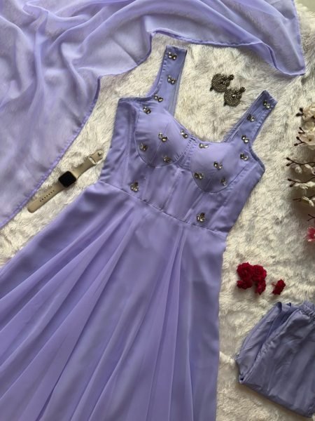 Authentic Purple Designer Corset Style Anarkali Suit with Pant and Dupatta Ready To Wear Collection