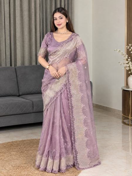 Authentic Purple Designer Turkish Organza Style Violin Silk Saree with Embroidery
