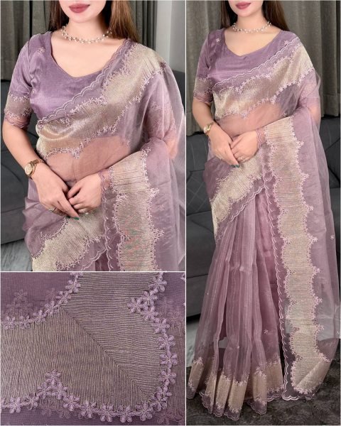 Authentic Purple Designer Turkish Organza Style Violin Silk Saree with Embroidery Silk Sarees Wholesale