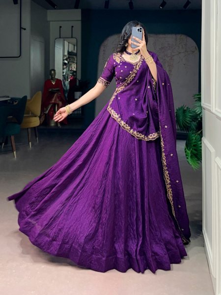Authentic Purple Premium NC Silk Lehenga Set with Embroidered Unstitched Blouse  Lehenga