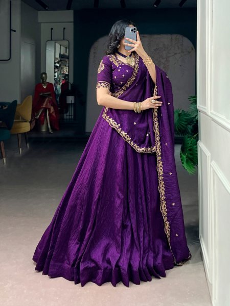 Authentic Purple Premium NC Silk Lehenga Set with Embroidered Unstitched Blouse Designer Lehenga Choli