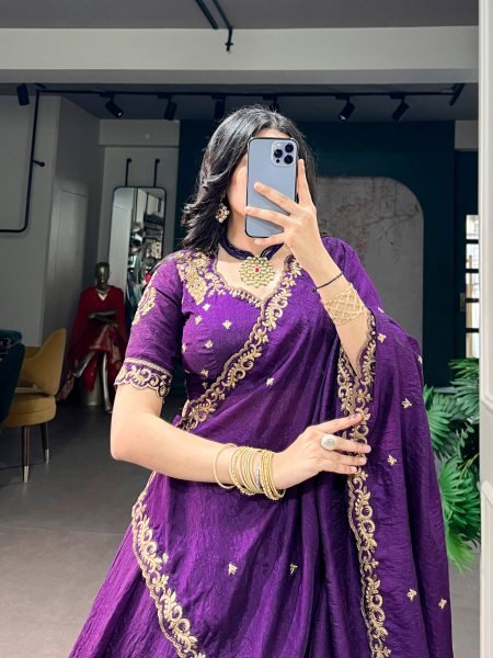Authentic Purple Premium NC Silk Lehenga Set with Embroidered Unstitched Blouse Designer Lehenga Choli