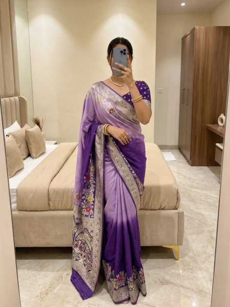 Authentic Purple Pure Viscose Dolla Silk Saree with Rich Meenakari Border for Wedding Wear Sarees 