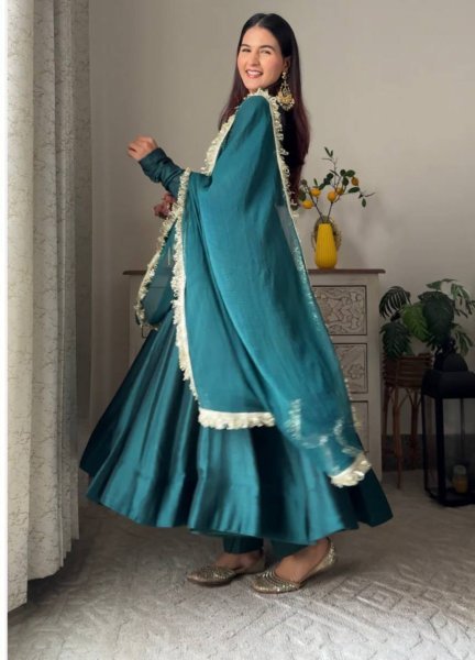 Authentic Rama Georgette Gown with Pant and Dupatta for Party Wear Ready To Wear Collection