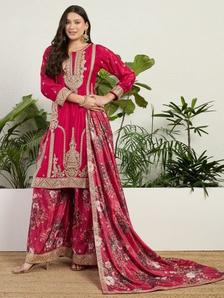 Authentic Red Chinon Embroidered Kurti Pant Set with Digital Print Dupatta Salwar Kameez