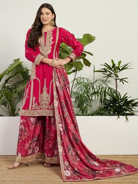 Authentic Red Chinon Embroidered Kurti Pant Set with Digital Print Dupatta Designer Plazzo Salwar Suits Wholesale