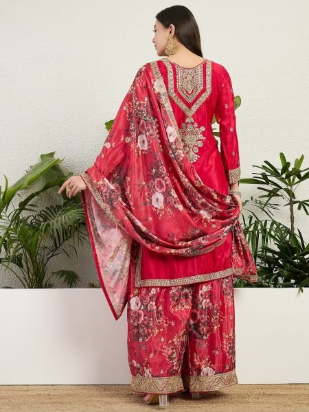 Authentic Red Chinon Embroidered Kurti Pant Set with Digital Print Dupatta Designer Plazzo Salwar Suits Wholesale
