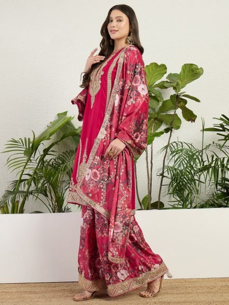 Authentic Red Chinon Embroidered Kurti Pant Set with Digital Print Dupatta Designer Plazzo Salwar Suits Wholesale