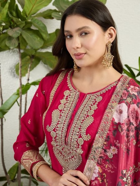 Authentic Red Chinon Embroidered Kurti Pant Set with Digital Print Dupatta Designer Plazzo Salwar Suits Wholesale