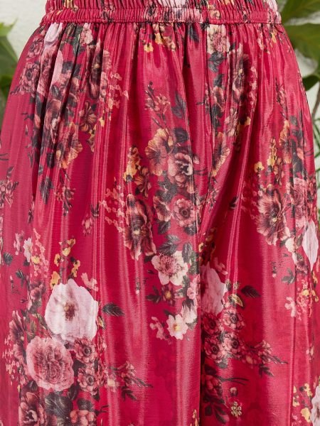 Authentic Red Chinon Embroidered Kurti Pant Set with Digital Print Dupatta Designer Plazzo Salwar Suits Wholesale