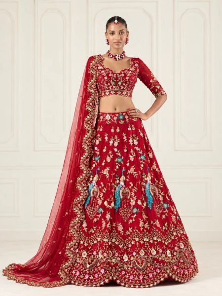 Authentic Red Designer Fox Georgette Lehenga with 1.3 Meter Unstitched Blouse 