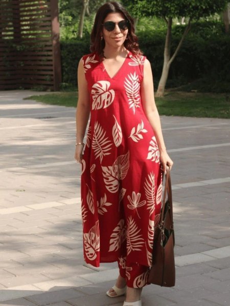 Authentic Red Designer Poly Rayon Co Ord Set with V Neck Print Design 